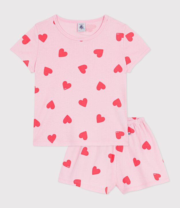 Pijama corto infantil de algod&oacute;n con estampado de corazones rosa/naranja