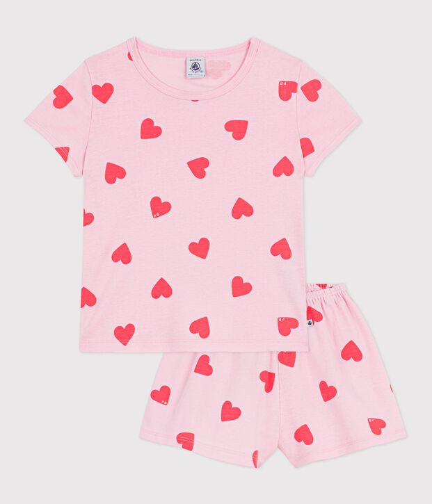Pijama corto infantil de algod&oacute;n con estampado de corazones rosa/naranja