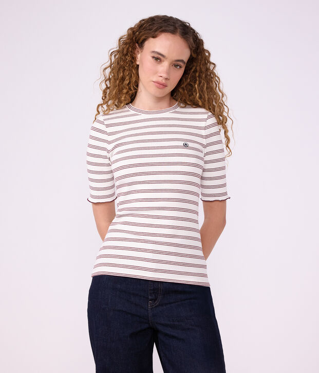 Camiseta de algod&oacute;n de manga corta a rayas para mujer blanco/rojo