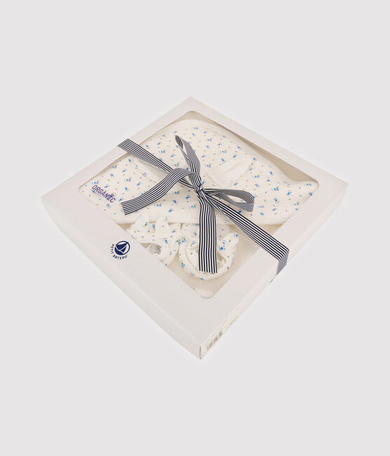 Estuche con toalla cuadrada de baño y patucos de bebé de rizo y algodón orgánico blanco MARSHMALLOW/blanco MULTICO