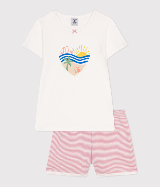 Pijama corto infantil de algod&oacute;n blanco/rosa