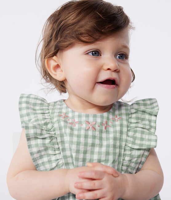 Pelele de algodón sin mangas con estampado vichy y cuello bordado para bebé azul PAUL/blanco MARSHMALLOW