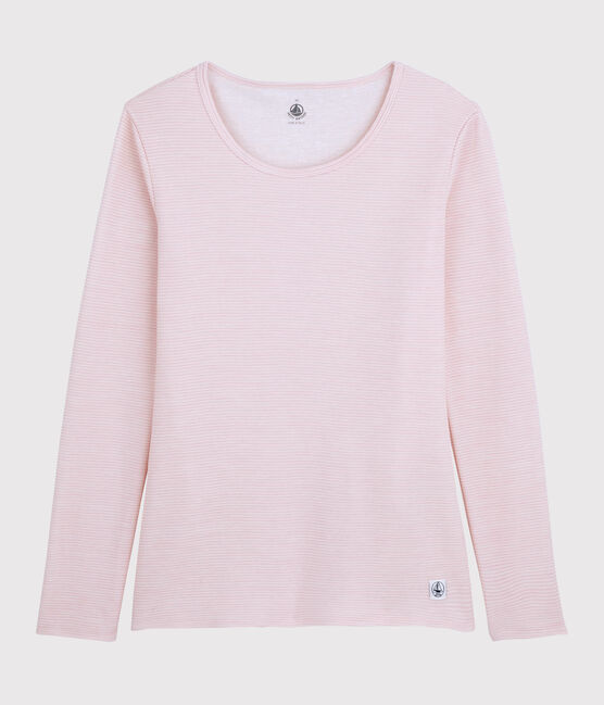 Camiseta de lana y algodón para mujer rosa CHARME/blanco MARSHMALLOW