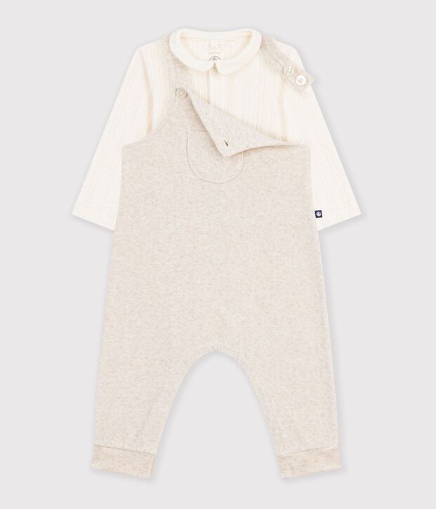 Conjunto de peto y body de algod&oacute;n con cuello liso para beb&eacute; crudo/crudo