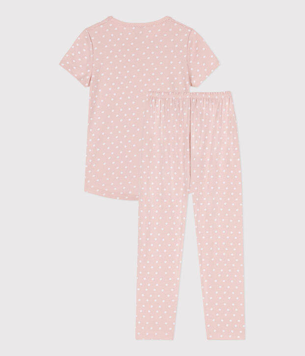 Pijama de manga corta de algod&oacute;n con lunares para ni&ntilde;a rosa/blanco