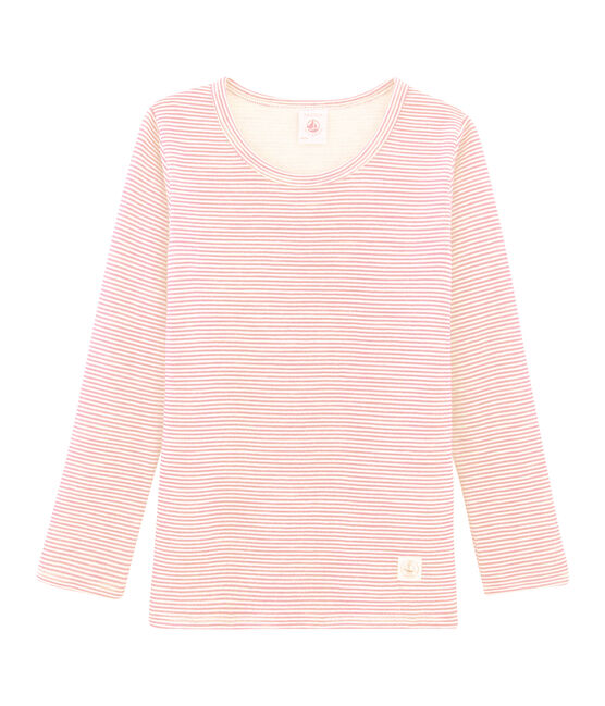 Camiseta infantil de manga larga en lana y algodón rosa CHARME/blanco MARSHMALLOW