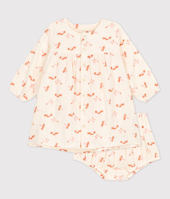Vestido y ranita de bebé con estampado de pájaros de gasa de algodón blanco AVALANCHE/ MULTICO