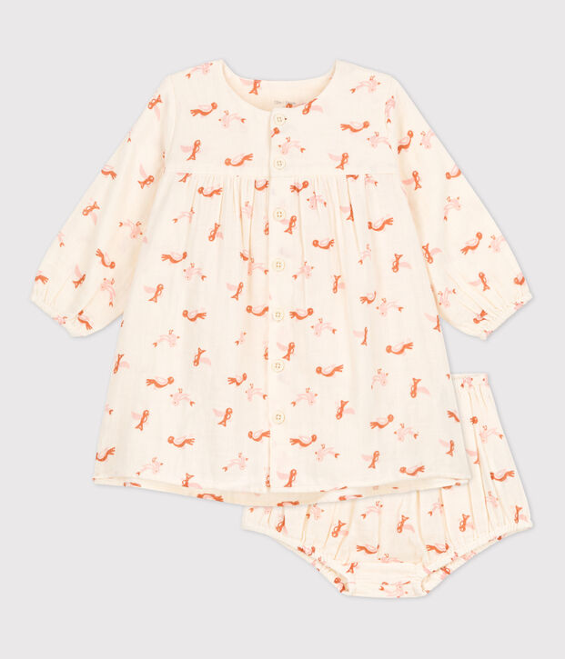 Vestido y ranita de beb&eacute; con estampado de p&aacute;jaros de gasa de algod&oacute;n crudo/multicolor