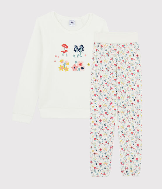 Pijama de rizo picado para niña con cintura subida blanco MARSHMALLOW/blanco MULTICO