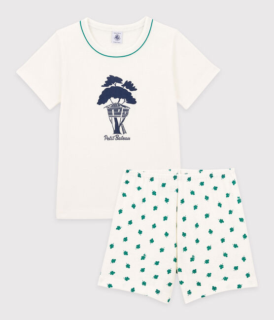 Pijama corto de árbol de algodón y lino de niño blanco MARSHMALLOW/blanco MULTICO