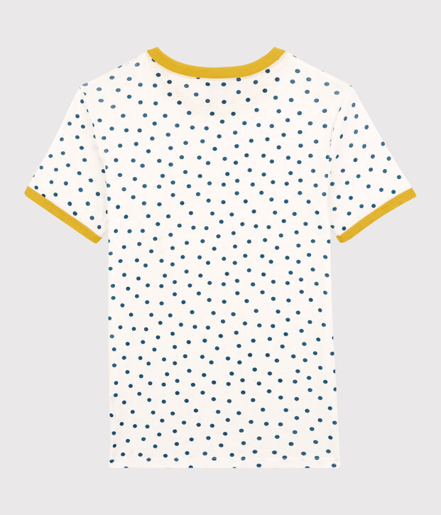 Camiseta de cuello redondo de lunares de algod&oacute;n de mujer blanco/azul