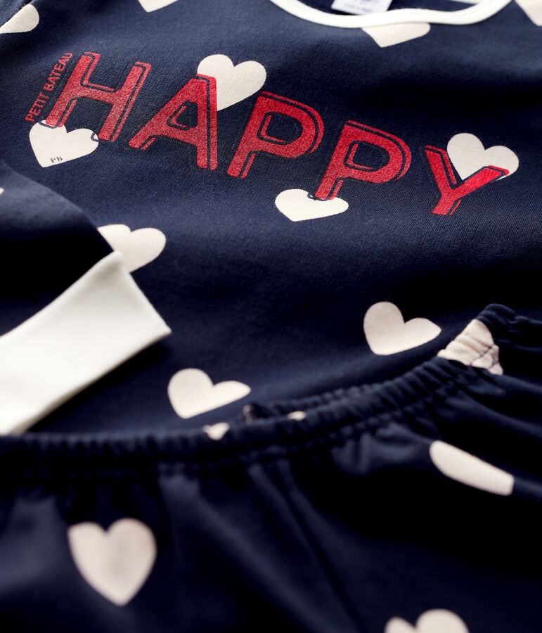 Pijama de ni&ntilde;a/ni&ntilde;o con estampado de corazones de mulet&oacute;n azul/blanco