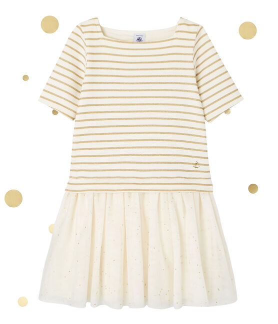 Vestido bi-materia de rayas brillantes beige COQUILLE/amarillo LUREX DORE
