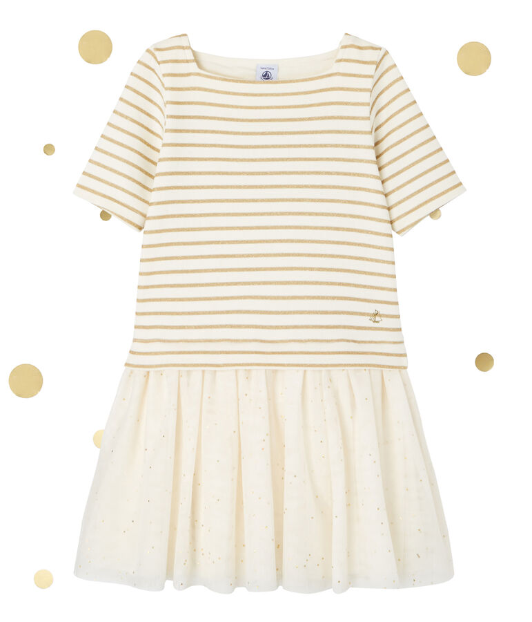 Vestido bi-materia de rayas brillantes blanco/amarillo