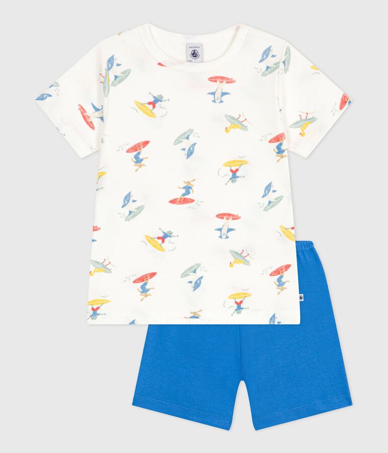 Pijama corto infantil de algod&oacute;n con estampado de surfistas blanco/multicolor