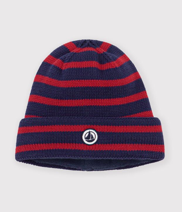 Gorro infantil de punto tricotado a rayas con forro polar azul/rojo