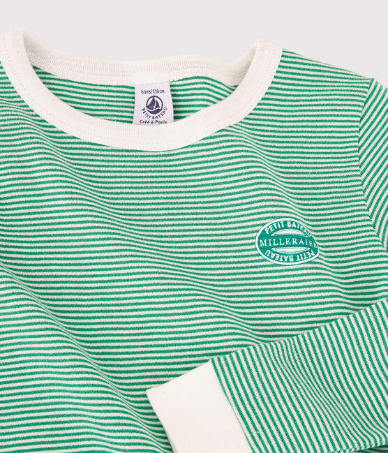 Pijama snugfit a rayas verdes de algodón orgánico de niño verde GAZON/blanco MARSHMALLOW