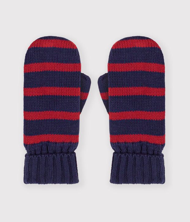 Manoplas infantiles de punto tricotado a rayas con forro polar azul/rojo