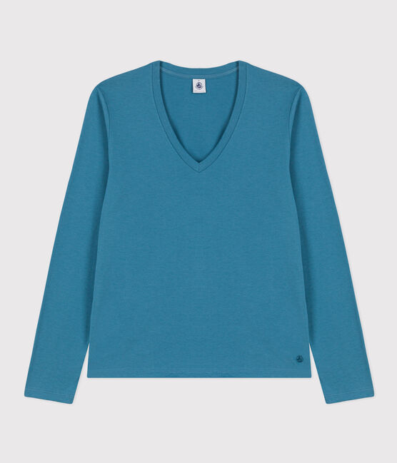 Camiseta LA RECTA de algodón con cuello de pico para mujer azul POLOCHON