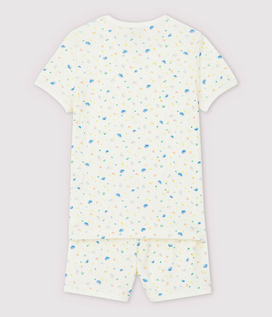 Pijama corto de flores de niña de algodón y lino blanco MARSHMALLOW/blanco MULTICO