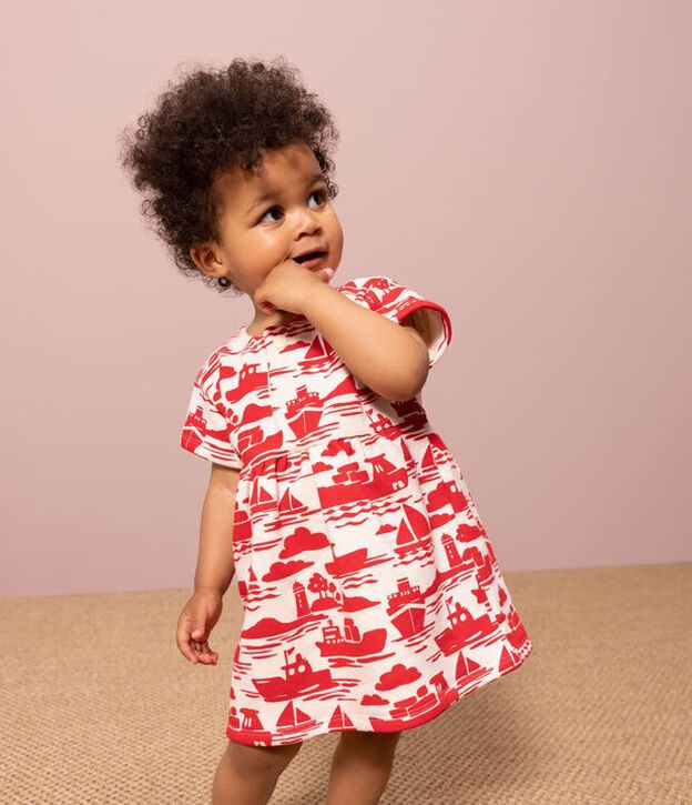 Vestido estampado de manga corta de mulet&oacute;n para beb&eacute; crudo/rojo