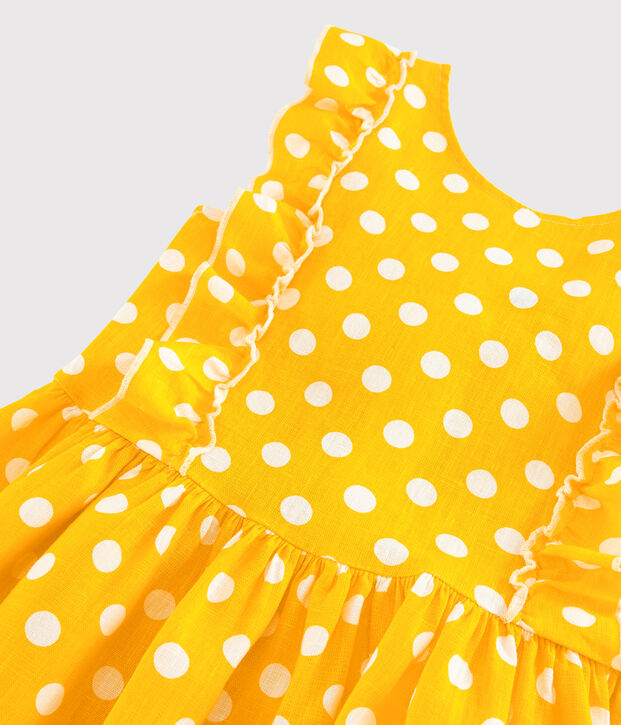 Vestido de manga corta de lino de ni&ntilde;a amarillo/blanco