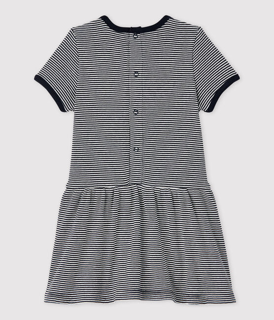 Vestido de manga corta de canalé 2x2 de bebé niña azul SMOKING/blanco MARSHMALLOW
