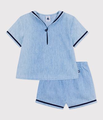 Conjunto de 2 piezas de chambray con camiseta con cuello de uniforme para beb&eacute;