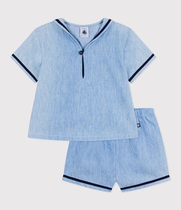 Conjunto de 2 piezas de chambray con camiseta con cuello de uniforme para beb&eacute; azul