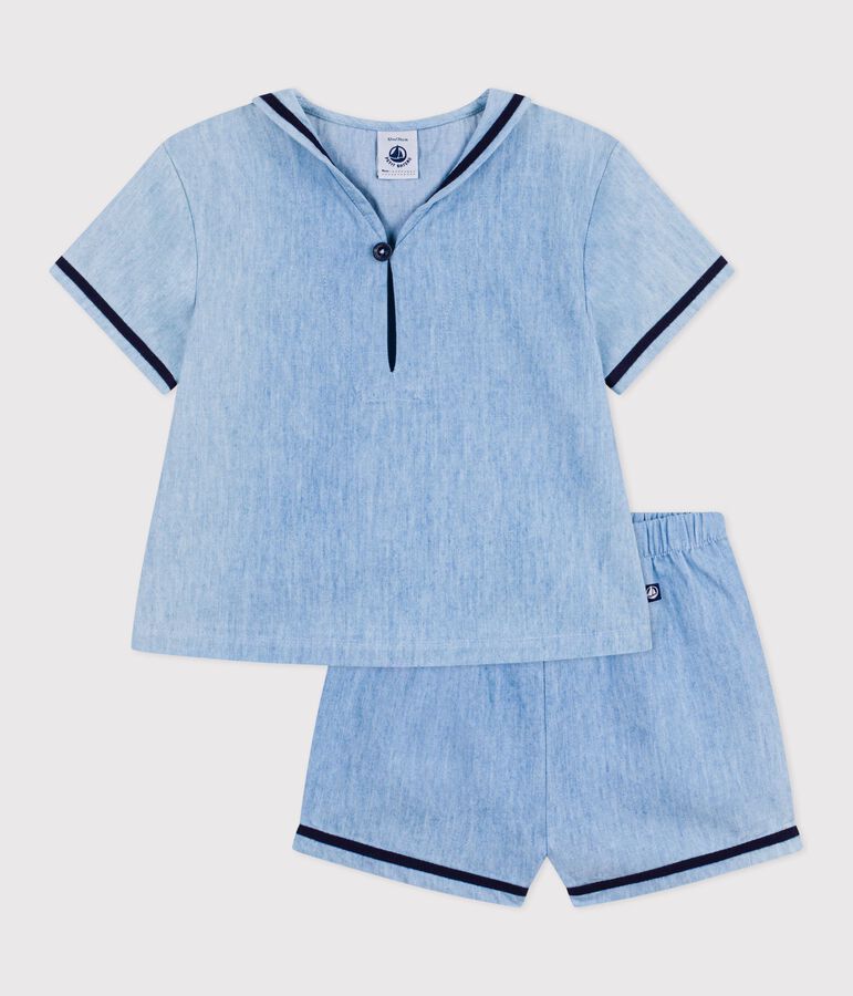Conjunto de 2 piezas de chambray con camiseta con cuello de uniforme para beb&eacute; azul