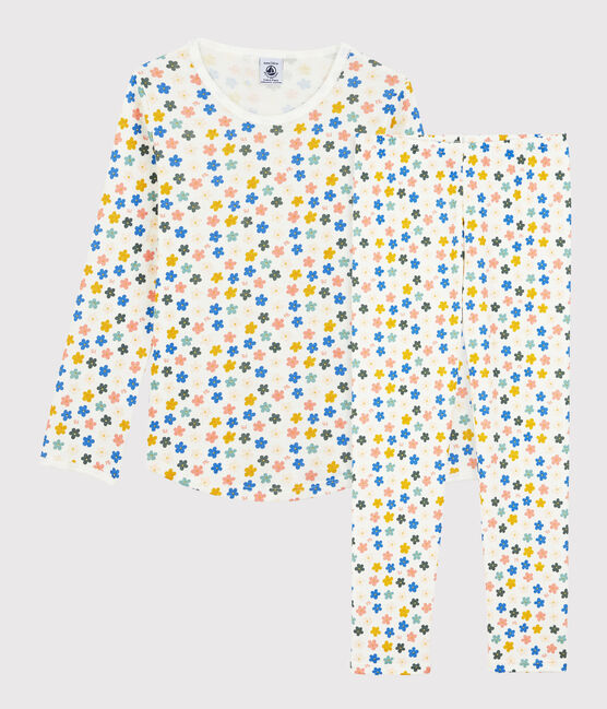 Pijama de flores fosforescentes de algodón de niña blanco MARSHMALLOW/blanco MULTICO