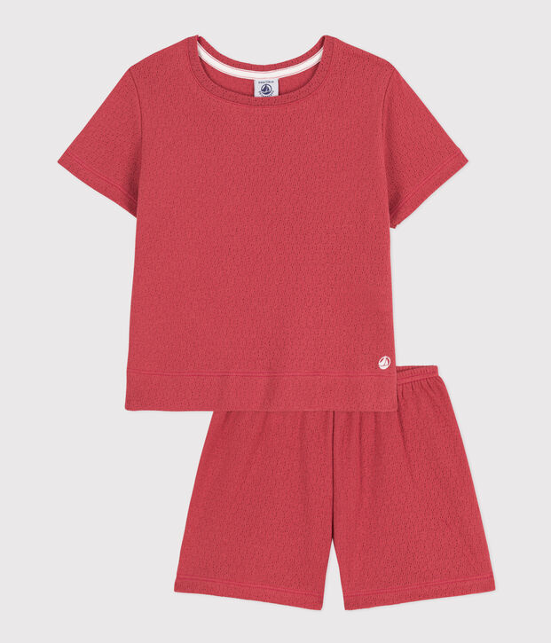 Pijama corto y liso de algod&oacute;n calado para ni&ntilde;a rosa