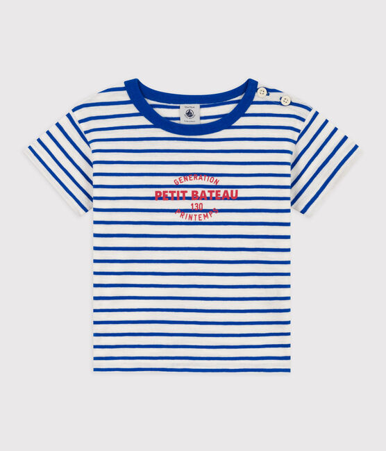Camiseta de manga corta de algodón a rayas para bebé blanco MARSHMALLOW/azul PERSE
