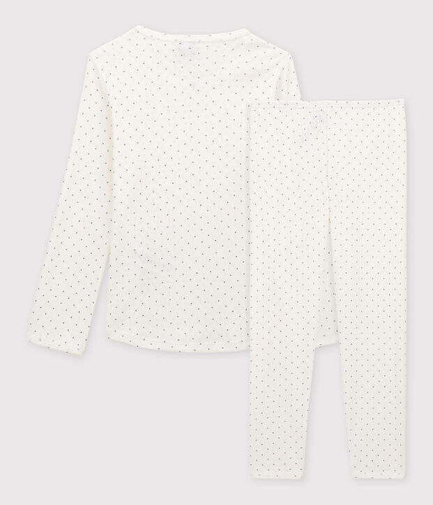 Pijama calado de lunares de ni&ntilde;a de algod&oacute;n org&aacute;nico blanco/azul