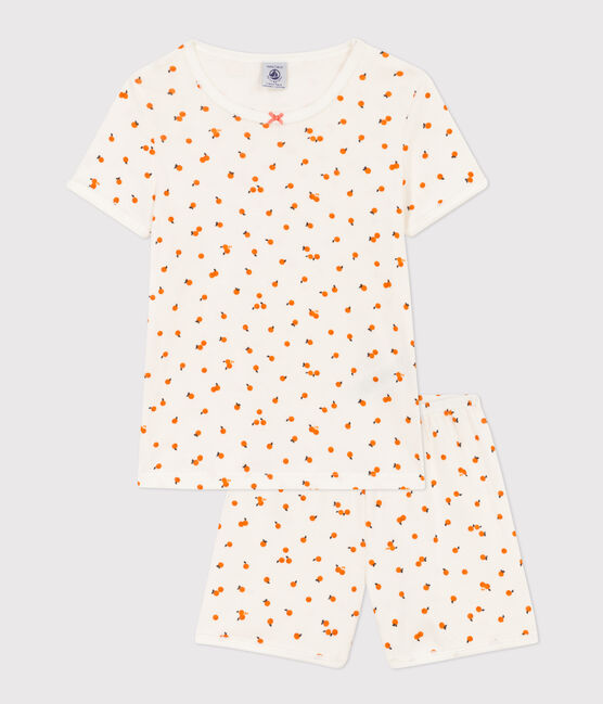 Pijama corto de algodón con naranjillas para niña blanco MARSHMALLOW/blanco MULTICO