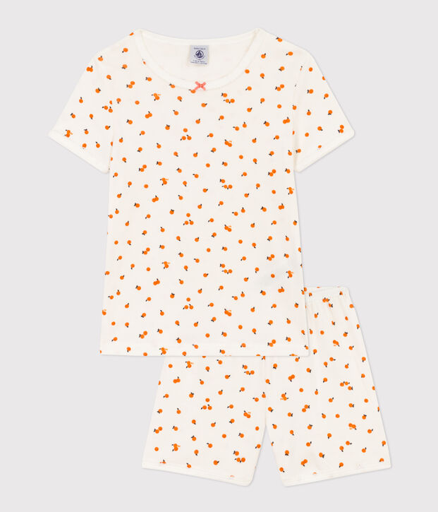 Pijama corto de algod&oacute;n con naranjillas para ni&ntilde;a blanco/multicolor
