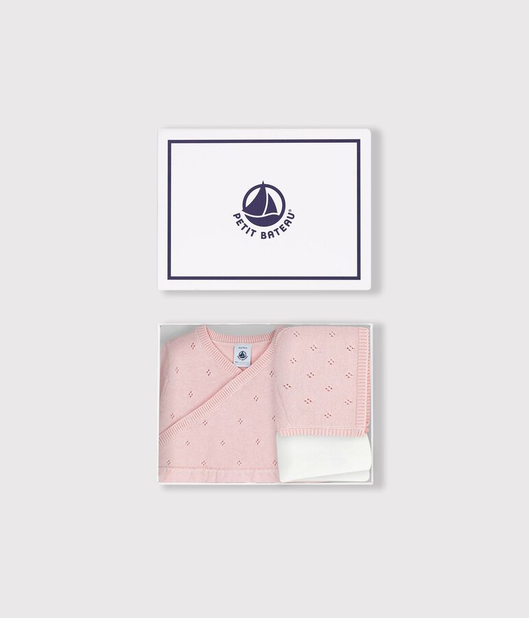 Conjunto de regalo para beb&eacute; de punto tricotado con capota, pelele y leotardos multicolor