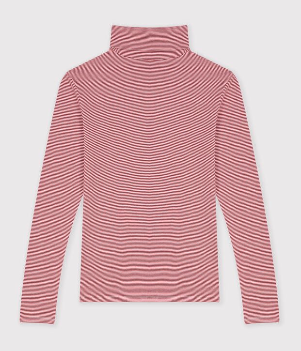 Camiseta de cuello alto de algod&oacute;n a rayas para mujer rojo/blanco