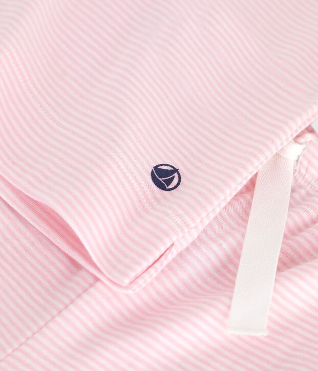 Pijama infantil de manga corta y pernera ancha de algod&oacute;n a rayas rosa/blanco