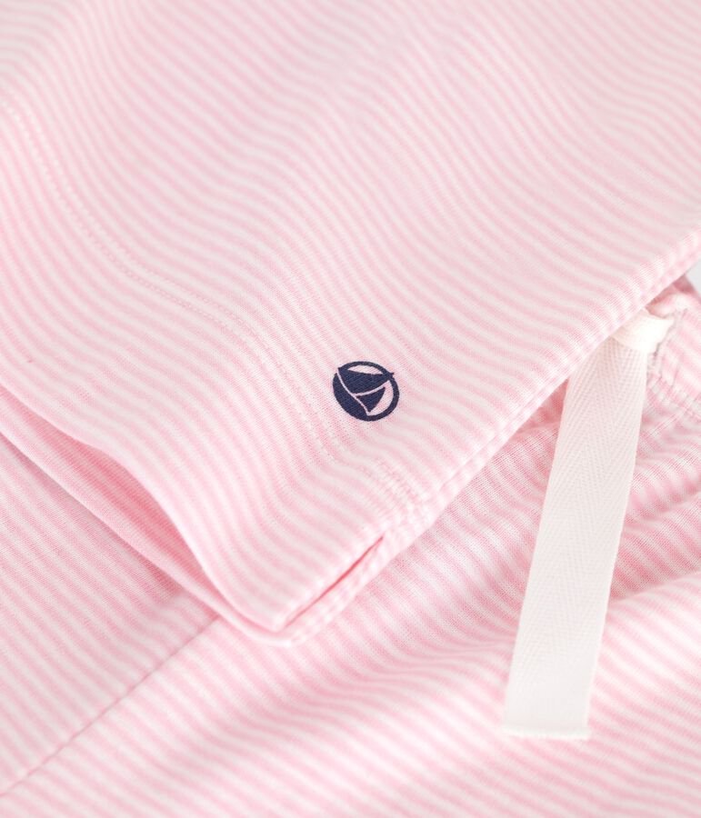 Pijama infantil de manga corta y pernera ancha de algod&oacute;n a rayas rosa/blanco