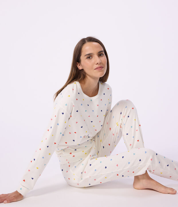 Pijama de algod&oacute;n y elastano con estampado de corazones para mujer blanco/multicolor