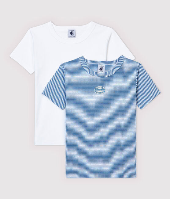 Lote de 2 camisetas de manga corta de mil rayas azules de algodón ecológico de niño variante 1