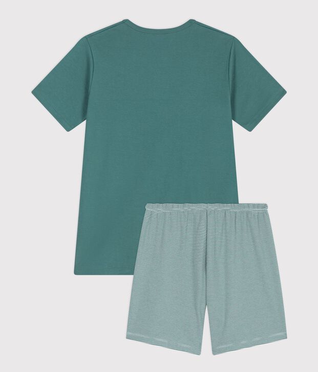 Pijama infantil corto de algod&oacute;n a rayas verde/blanco