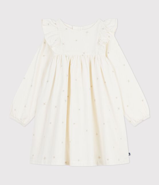 Vestido infantil liso de pana de manga larga crudo MILK/ ARGENT