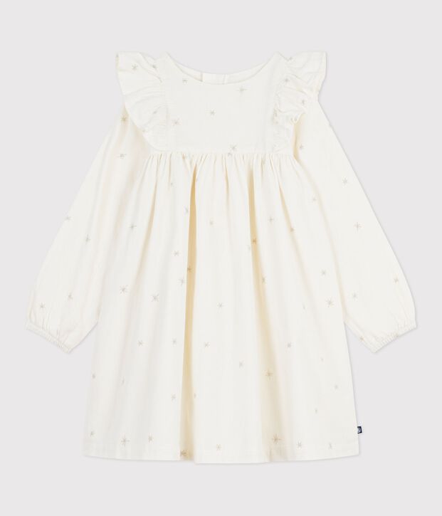 Vestido infantil liso de pana de manga larga crudo/gris