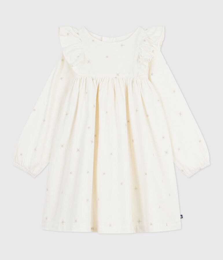 Vestido infantil liso de pana de manga larga crudo/gris