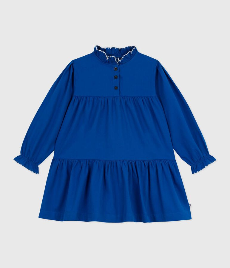 Vestido infantil liso de manga larga de algod&oacute;n azul