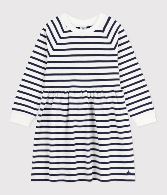 Vestido infantil de algodón de manga larga a rayas blanco MARSHMALLOW/azul SMOKING