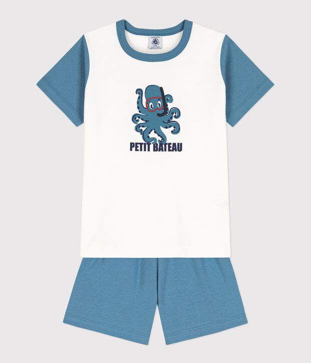 Pijama corto de pulpo de algod&oacute;n de ni&ntilde;o/ni&ntilde;a azul/blanco