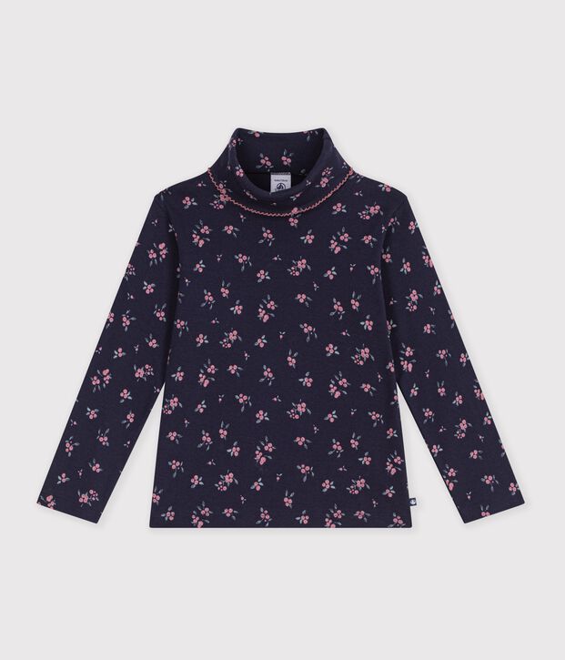 Camiseta infantil de cuello alto de algod&oacute;n con flores azul/multicolor